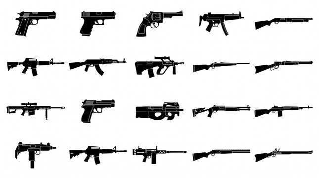 Gun silhouettes vector icon set including pistols revolvers rifles and shotguns isolated on white background