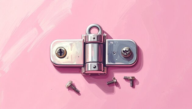 Close up of a silver padlock with screws on pink background.
