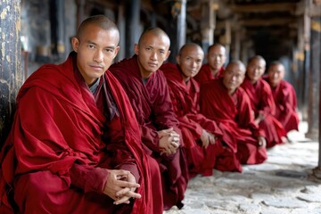 Fototapeta premium Buddhist Monks in Red Robes at a Temple