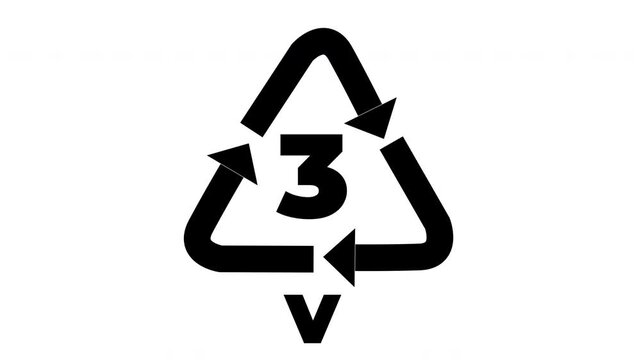 4K 3 V Plastic Recycling Symbol Animated Loop Black Icon White Background.