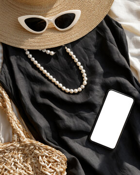Black summer dress with straw hat pearl necklace sunglasses and smartphone mockup