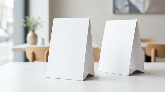 Two Blank White Table Tent Cards Mockup on a Wooden Table in a Modern Minimalist Cafe Interior