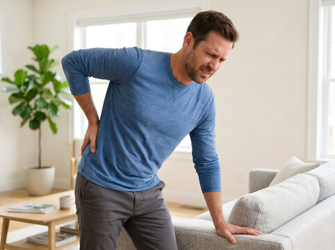Suffering man clutching his painful lower back while leaning on a sofa in the living room.