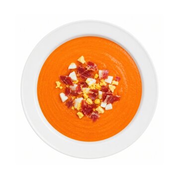 Spanischer Salmorejo aus Tomaten und Brot, cremig p&uuml;riert und mit Ei sowie Serrano-Schinken garniert. Freigestellte Top-View-Aufnahme auf einem wei&szlig;en Teller.
