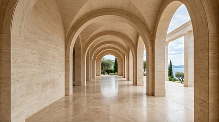 Fototapeta premium Stone archway corridor in a Mediterranean villa. Elegant marble hallway with classic arches.