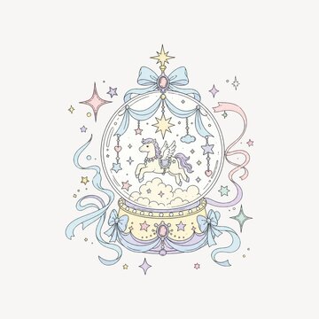 A whimsical pastel-colored snow globe featuring a flying unicorn amidst clouds and stars, decorated with elegant ribbons and sparkling elements.