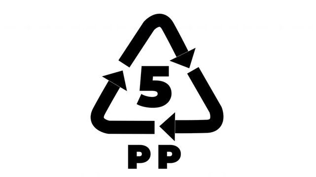 4K 5 PP Plastic Recycling Symbol Animated Loop Black Icon White Background.