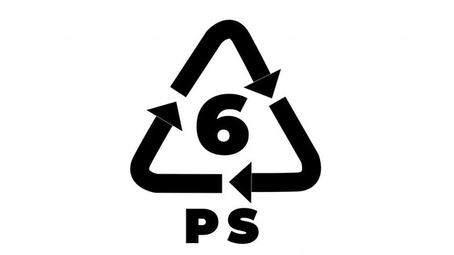 4K 6 PS Plastic Recycling Symbol Animated Loop Black Icon White Background.
