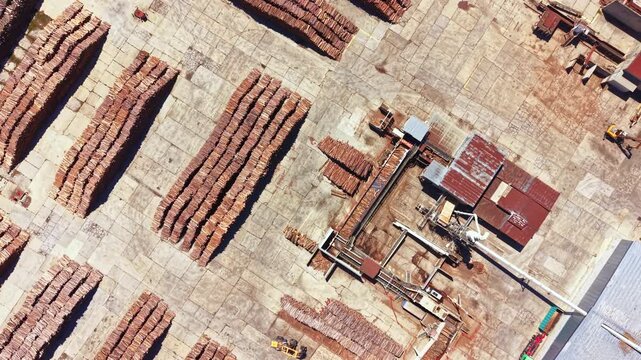 Wood logs are stacked in rows at a processing site. Heavy machinery is operating, and the area is busy. This scene shows the process of preparing wood for further use.