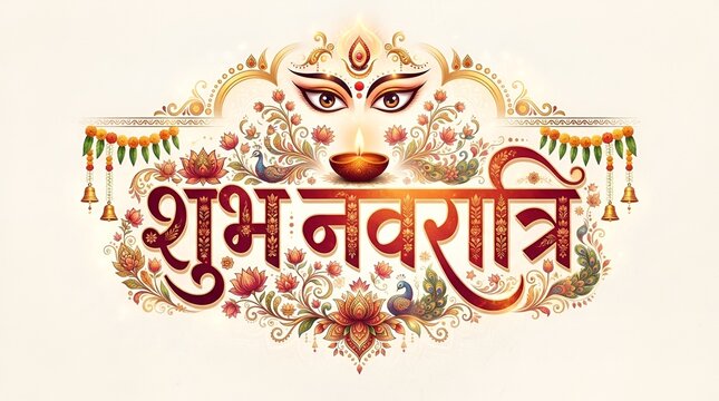 Happy shubh Navratri typo logo for Indian traditional festive Ram Navami puja concept. Hindi calligraphy in watercolor style.