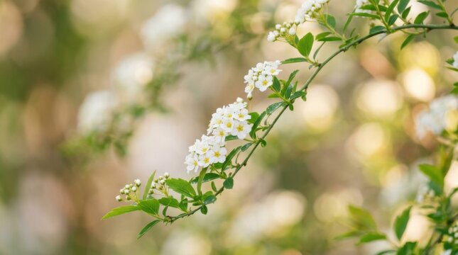 Close up of delicate white blooming spirea flowers on a spring branch
