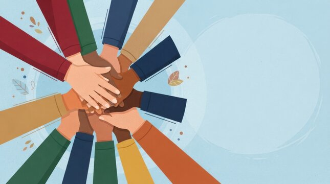 Illustration of diverse hands overlapping in a circle unity and teamwork concept