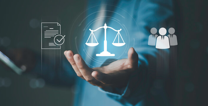 Legal employment contract, labor, corporate law firm, compliance standards and professional human rights ethics. Hand holding digital scales of justice icon with certified document and team symbols.