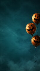 Naklejka premium Halloween copy space background with floating pumpkin balloons under a dark teal cloudscape