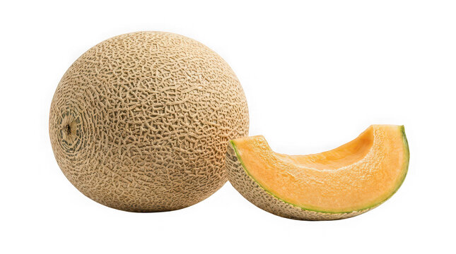 Whole cantaloupe melon with a slice. Fresh orange muskmelon isolated on white background.