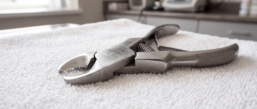 close up of professional veterinary nail clippers on white towel for animal grooming procedure