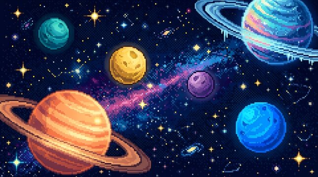 A colorful pixel scene of outer space featuring various planets with rings, stars, and a glowing nebula against a dark starry night sky backdrop