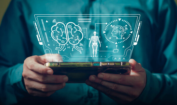 Artificial intelligence healthcare technology, digital diagnostics, machine learning, and smart medical innovation. AI agent brain interface analyzing medical data and human body scan on smartphone
