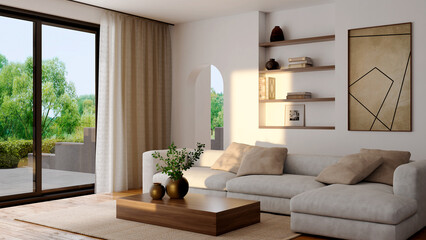Obraz premium 3D render, illustration Large Luxury modern living room interior, brutalist architecture realistic lighting, Graphic Overlay wide angle, contemporary furniture, clean lines, minimalist decor, elegan