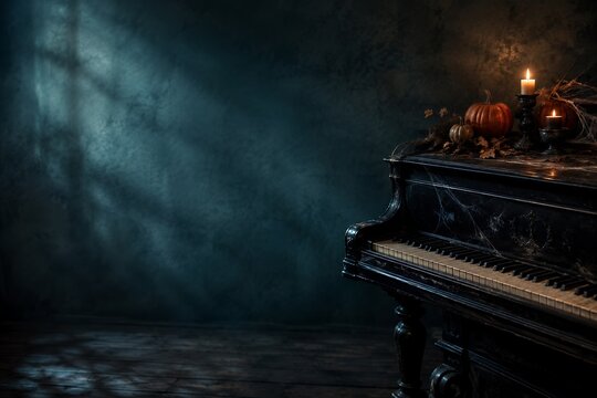 Halloween copy space background with old black piano, glowing candles, pumpkins, and spooky window shadow on dark textured wall
