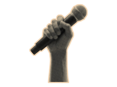 Retro halftone hand holding microphone art collage on transparent background