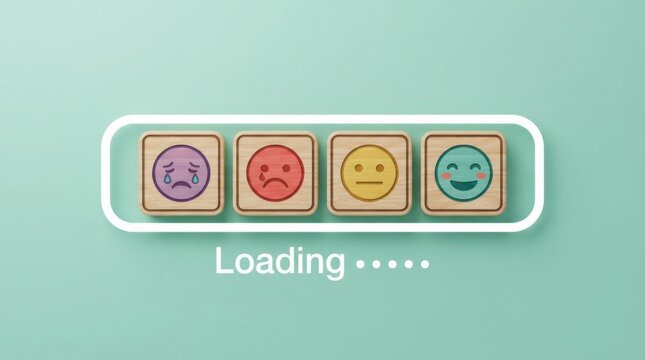 Mood faces blocks on a light green background with a loading bar mental wellness concept