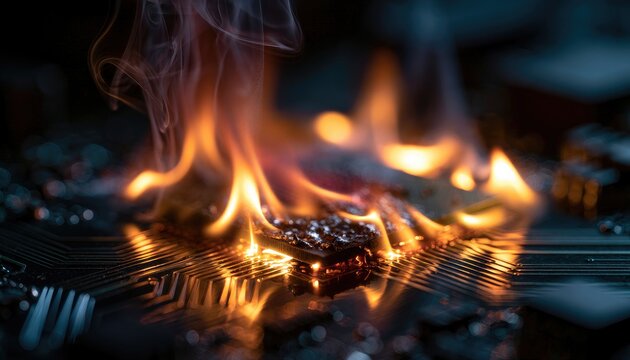 Close-up of a computer circuit board on fire with smoke rising.