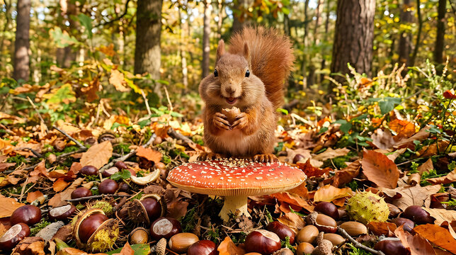 Funny squirrel sitting on a large mushroom while eating an acorn, smiling with stuffed cheeks, surrounded by chestnuts and leaves.