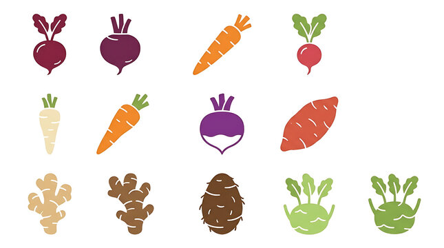 Fresh Root Vegetables Carrot Beetroot and Ginger Flat Vector Icon Set Isolated on White Background
