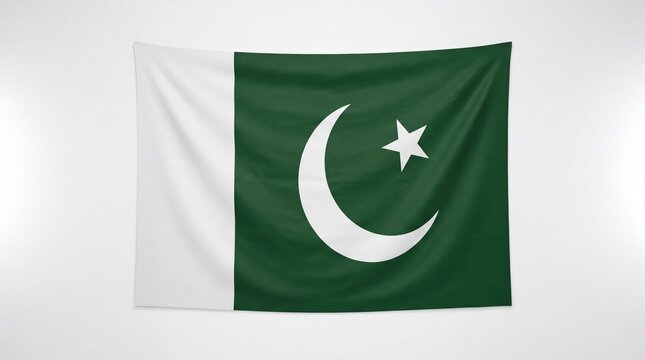 Pakistan flag with crescent and star, national flag of Pakistan hanging on white wall, green and white fabric banner for independence day
