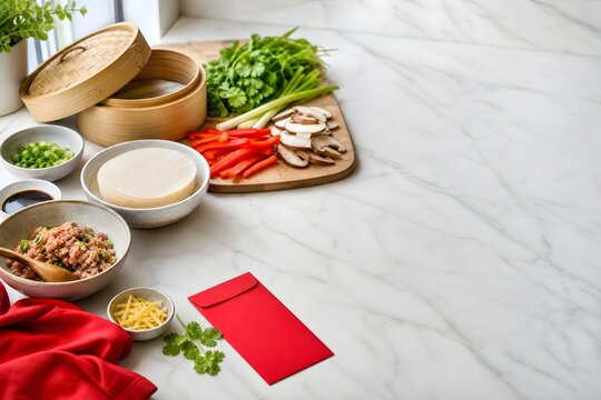 Ingredients for Chinese Dumplings with Red Envelope on Marble Countertop