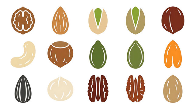 Edible Nuts Seeds and Kernel Snacks Flat Vector Icon Set Isolated on White Background