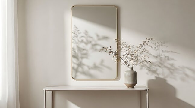 Minimalist hallway console table with a vase and a mirror reflecting plant shadows.