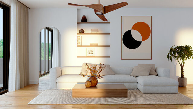 3D render, illustration Large Luxury modern living room interior,  brutalist architecture realistic lighting,  Graphic Overlay wide angle, contemporary furniture, clean lines, minimalist decor, elegan