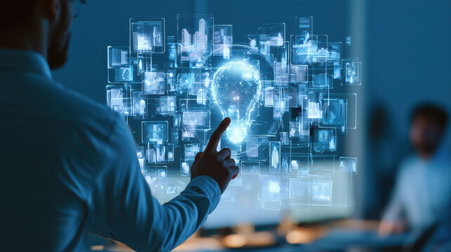 Professional business strategist interacting with futuristic holographic innovation interface in modern office