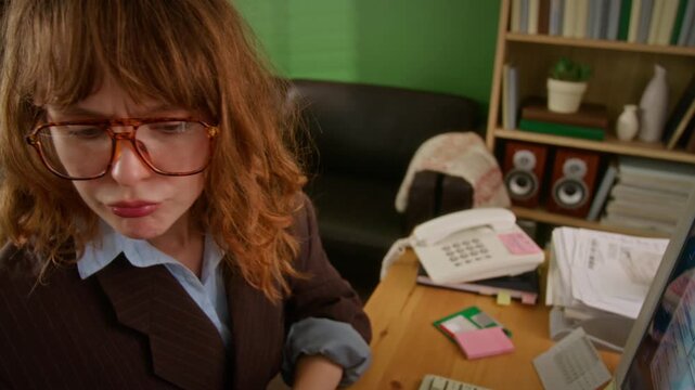 Young adult Caucasian woman wearing glasses working at retro office desk, looking at computer screen and drinking coffee, high angle shot. Ideal for corporate training or business marketing