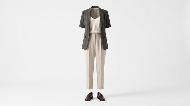Elegant gray blazer with beige pants and loafers outfit.