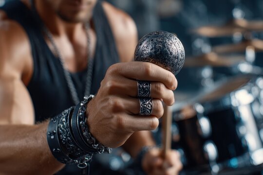 Musician performing with a drumstick and ornate mallet in a vibrant studio setting