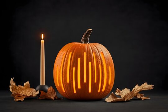 Carved Halloween Pumpkin with Glowing Light and Lit Candle on Dark Background