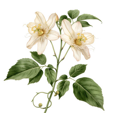 Passiflora biflora Botanical Illustration &ndash; Detailed White Passion Flower with Green Leaves on White Background