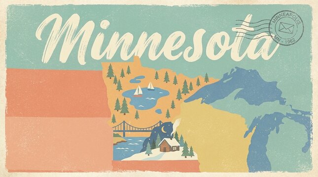 Retro Minnesota Travel Poster featuring iconic landscapes: lakes, pine forests, and a cozy Northwoods cabin. Vintage map illustration with Minneapolis postmark
