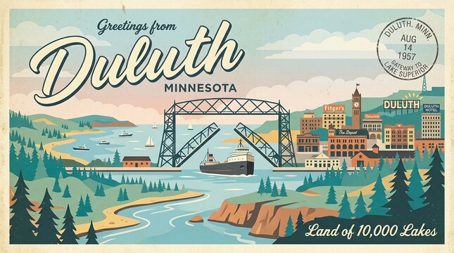 Retro Duluth, Minnesota Postcard Art: Aerial Lift Bridge, Lake Superior, and vibrant cityscape with a passing ship, capturing vintage travel charm
