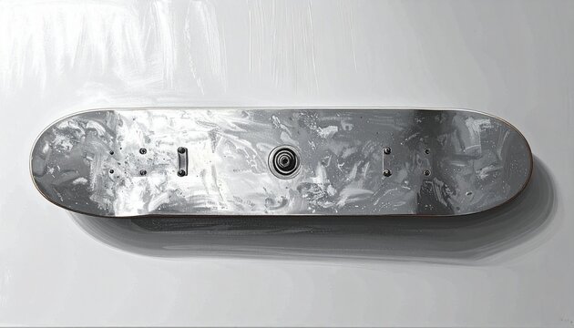 Top view of a black and white skateboard deck.