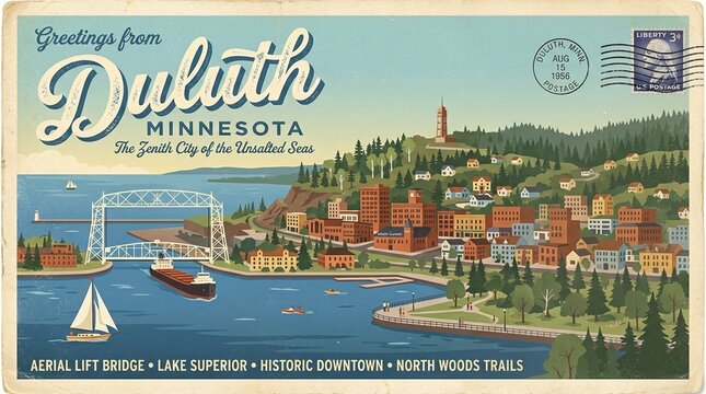 Greetings from Duluth, Minnesota: Vintage Postcard with Iconic Aerial Lift Bridge, Lake Superior, Historic Downtown & Enger Tower