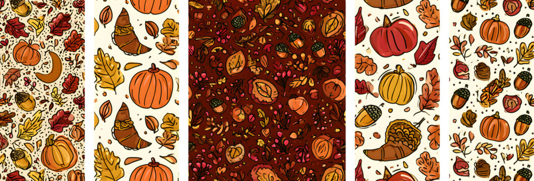 autumn and Thanksgiving-themed set of seamless patterns. A collection of fall motifs for wallpaper, wrapping paper, scrapbooking, backgrounds, packaging, textile prints, and more. EPS 10