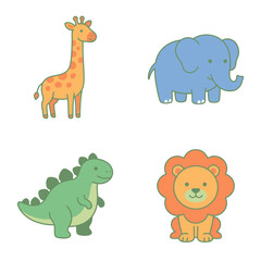 Naklejka premium Colorful cartoon animal set with giraffe and lion.