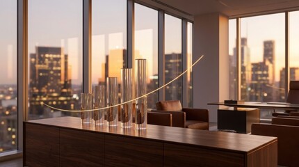 Fototapeta premium A professional office suite with a glass bar chart and a light trail overlooking a city sunset.