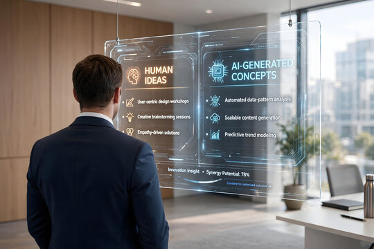 Business Executive Evaluating Human and AI Generated Ideas on Interactive Digital Display