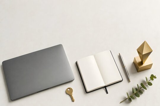 Minimalist Workspace Top View with Laptop Notebook and Gold Decorative Objects