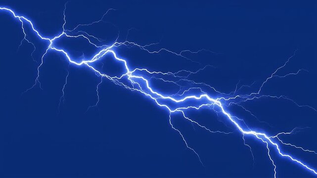 A bright electric lightning bolt flashes across a dark blue stormy night sky.